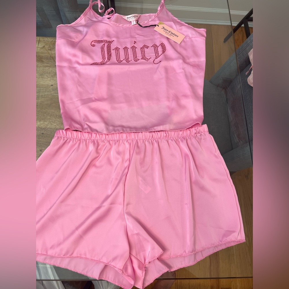 Juicy Couture satin Pink Top and shorts with Red rhinestones pajama lounge set